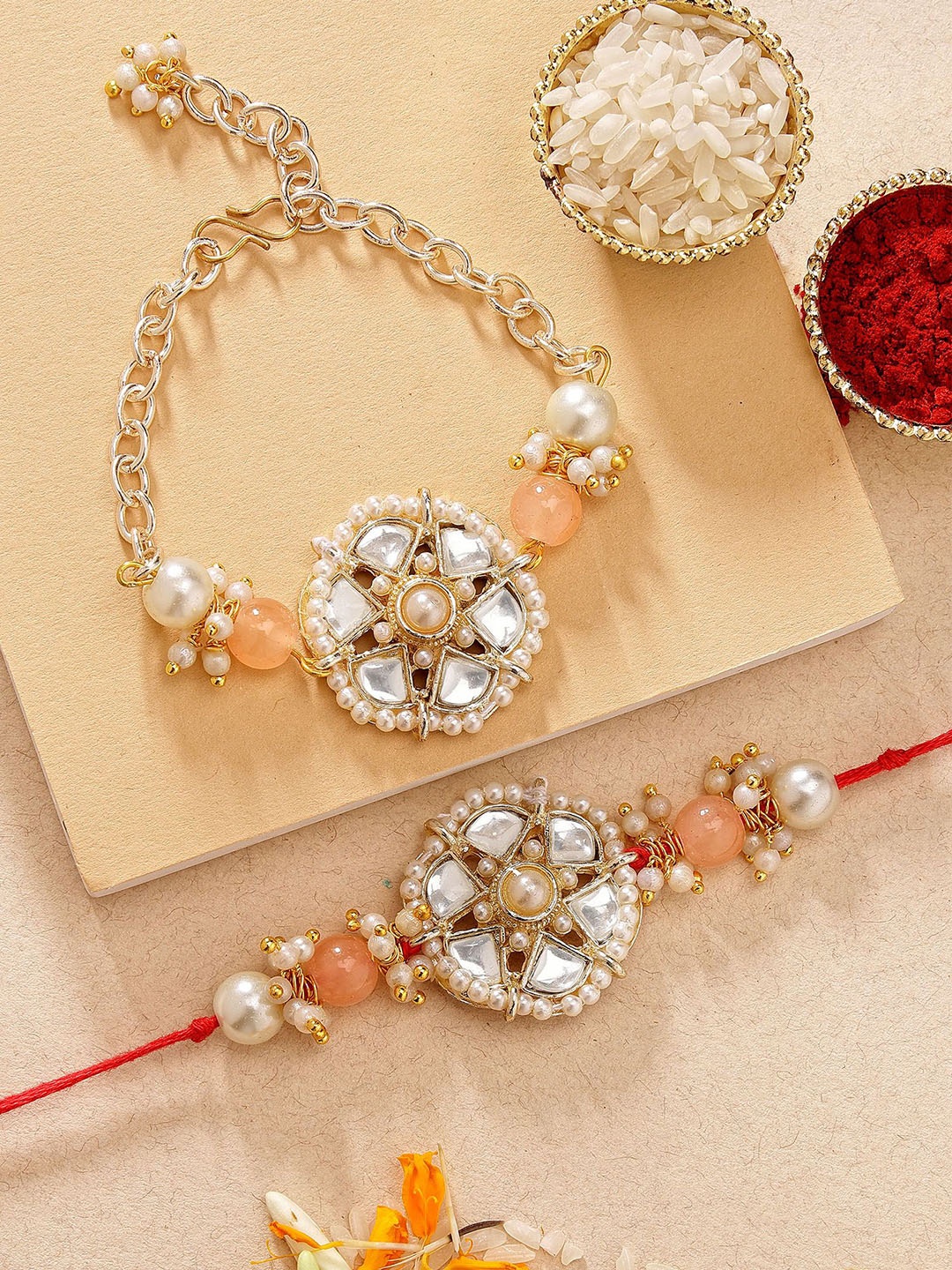 

KARATCART Beads Floral Shape Kundan Bhaiya Bhabhi Rakhi with Roli & Chawal, Peach