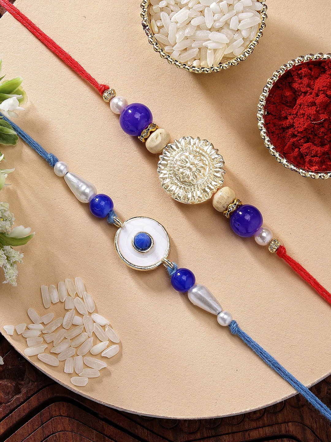 

KARATCART Set of 2 Blue Meena Evil Eye Kundan Rakhi with Roli & Chawal