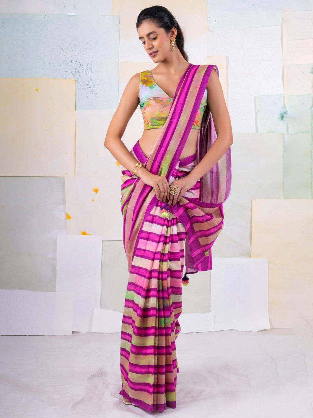 

BUTA BUTI Striped Pure Cotton Saree, Pink