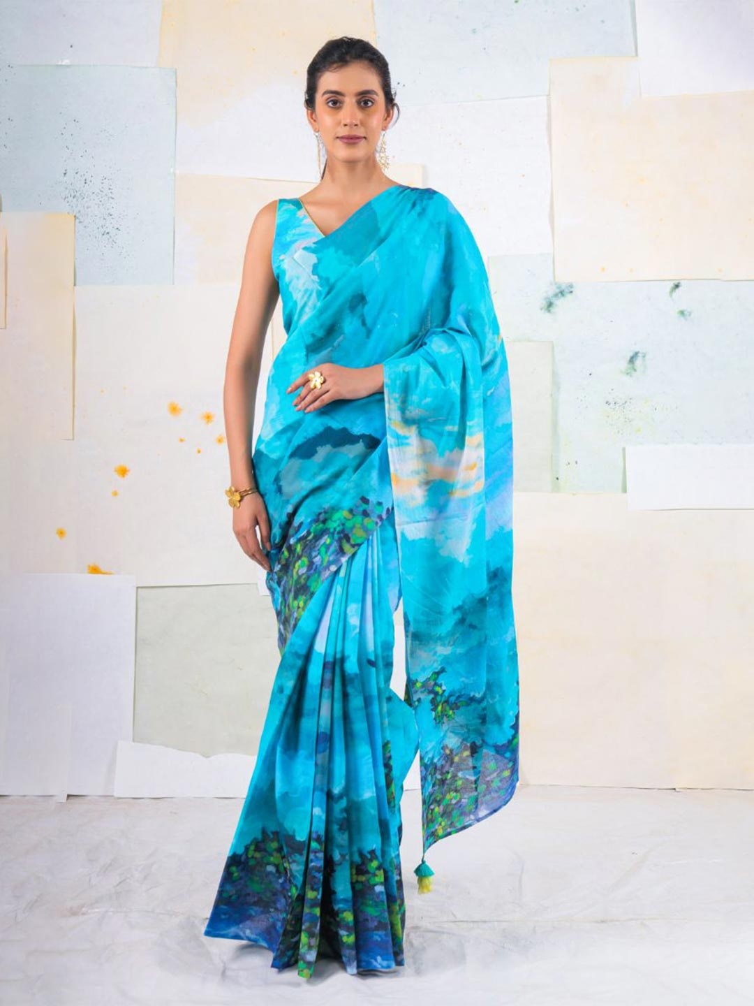 

BUTA BUTI Floral Pure Cotton Saree, Blue