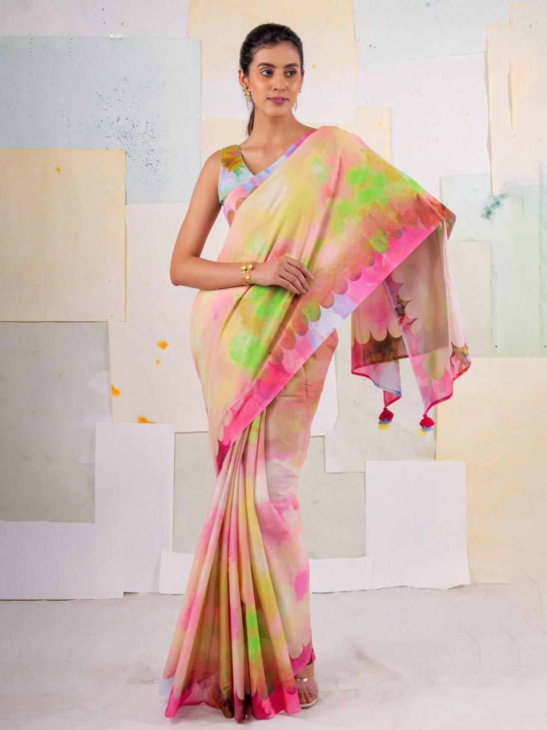 

BUTA BUTI Tie and Dye Pure Cotton Saree, Pink