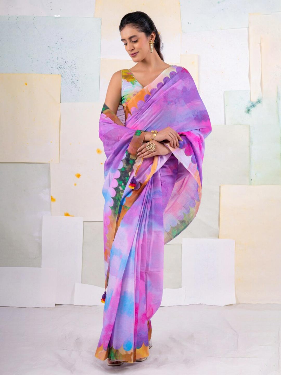 

BUTA BUTI Tie and Dye Pure Cotton Saree, Purple