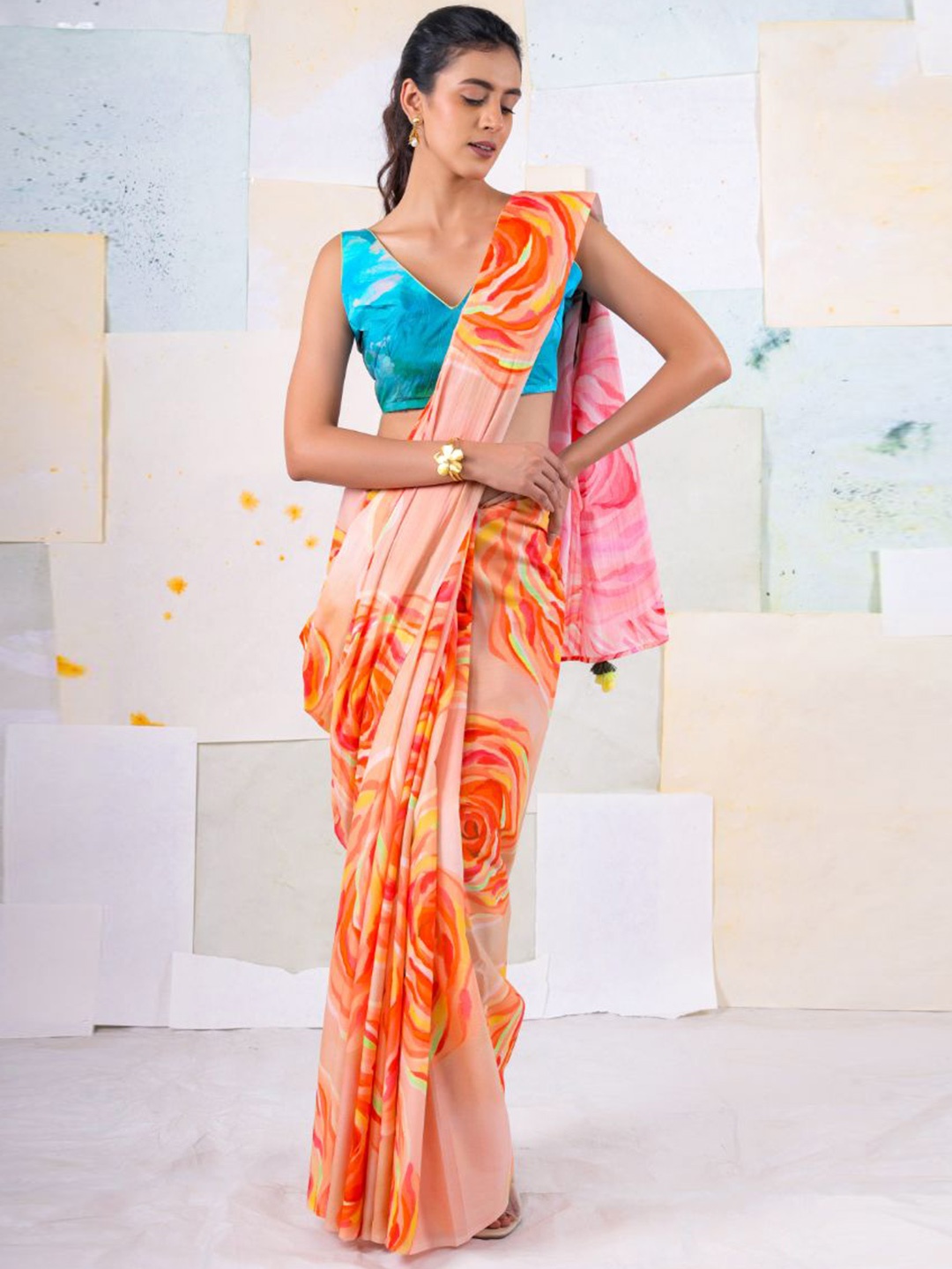 

BUTA BUTI Floral Pure Cotton Saree, Orange