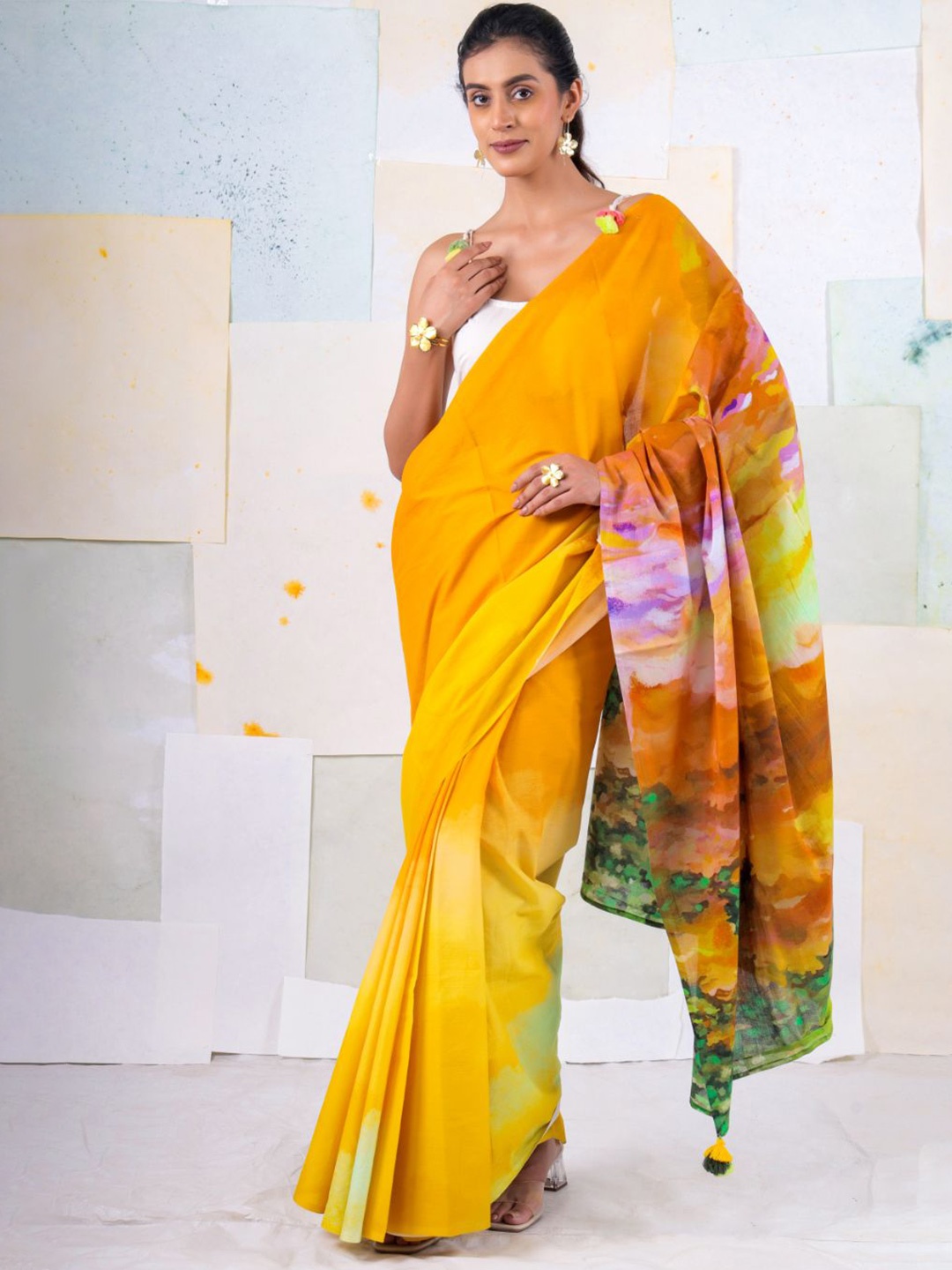 

BUTA BUTI Tie and Dye Pure Cotton Saree, Orange