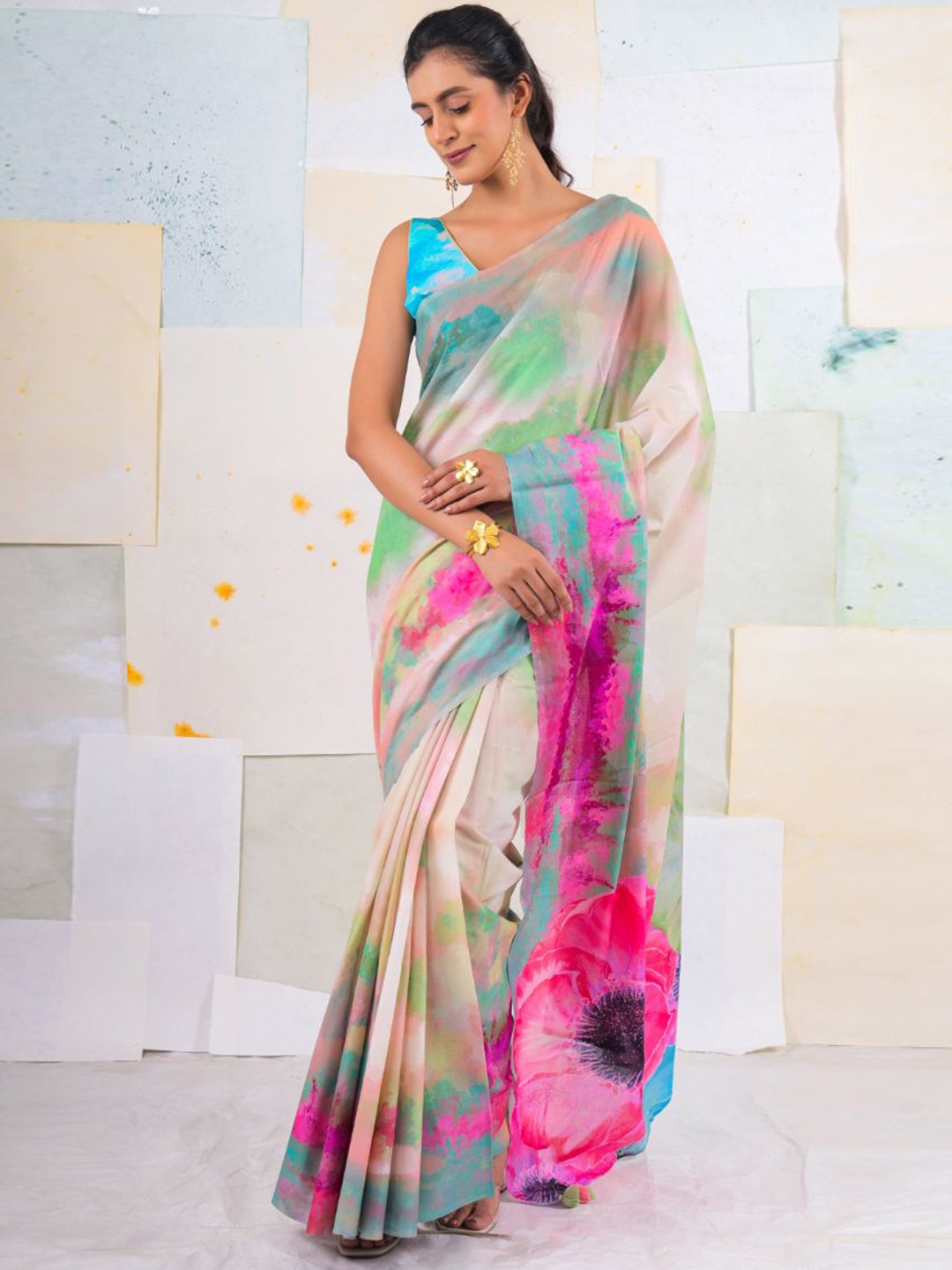 

BUTA BUTI Floral Pure Cotton Saree, Pink