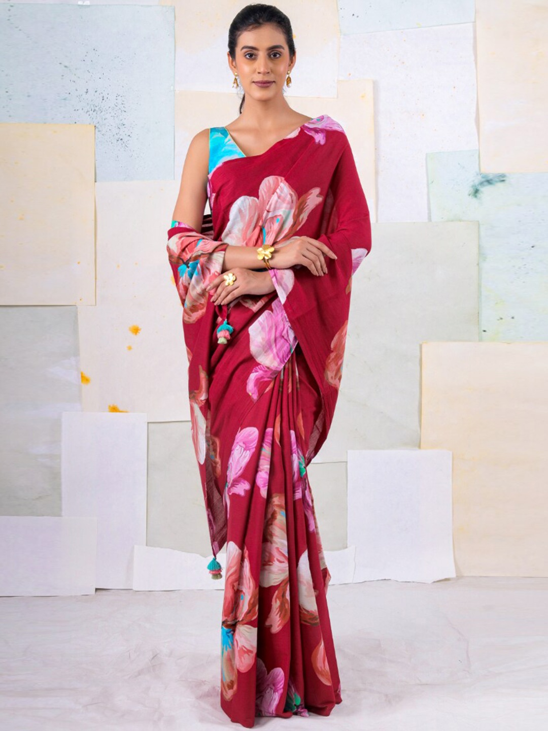 

BUTA BUTI Floral Pure Cotton Saree, Red