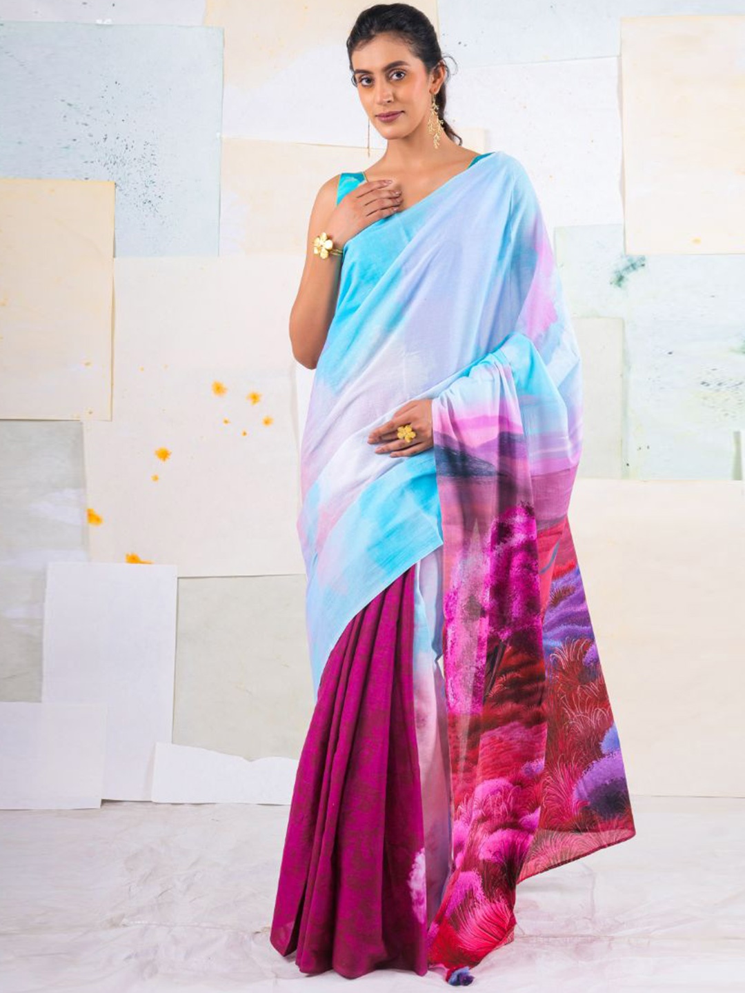 

BUTA BUTI Colourblocked Pure Cotton Saree, Blue