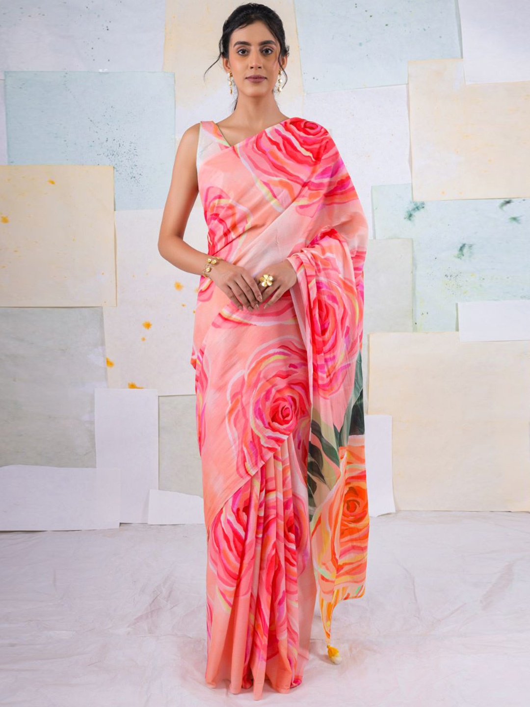 

BUTA BUTI Floral Pure Cotton Saree, Pink