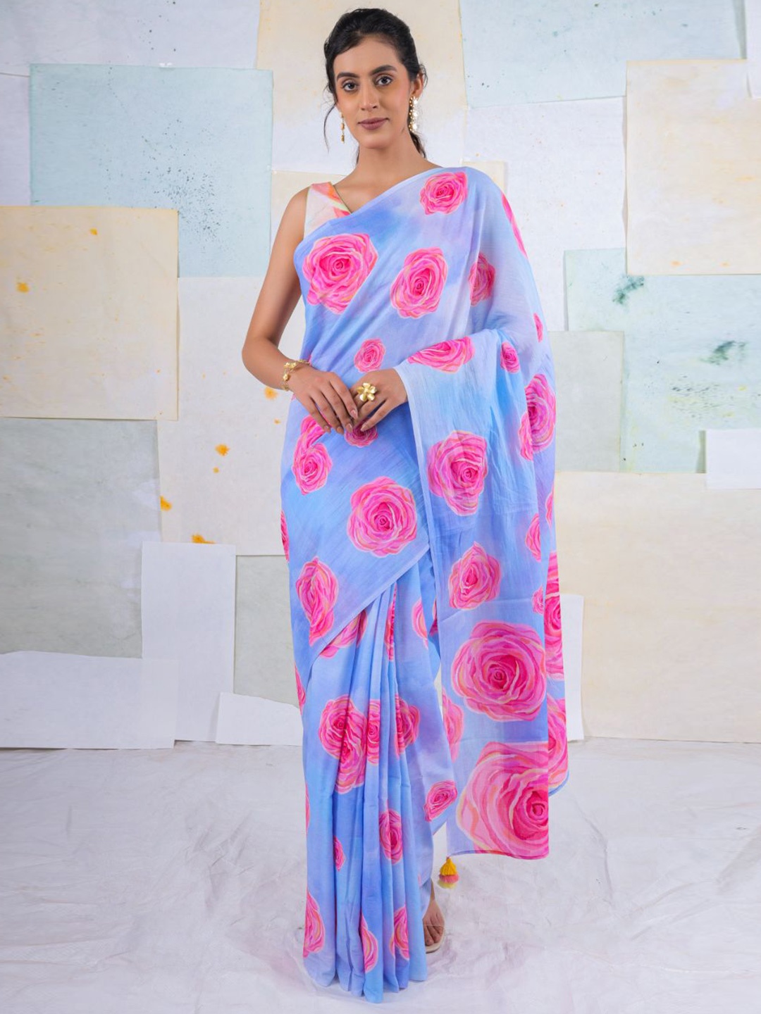 

BUTA BUTI Floral Pure Cotton Saree, Blue