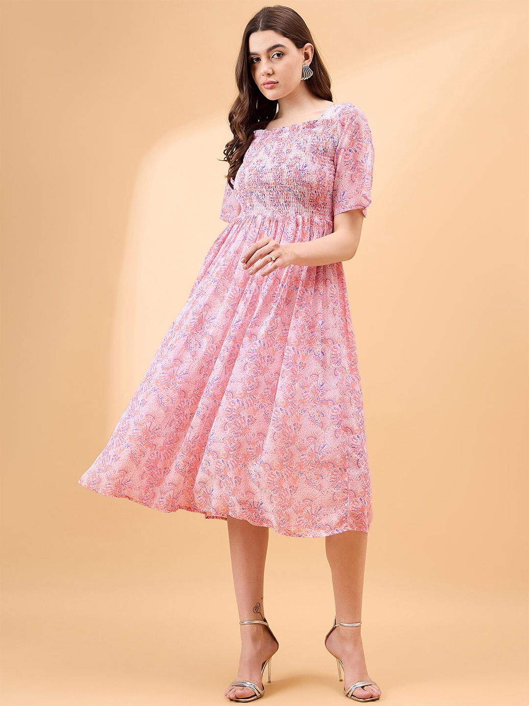 

all about you Floral Print Puff Sleeve Georgette Empire Midi Dress, Pink