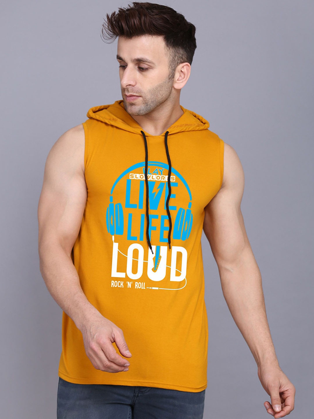 

SLOWLORIS Men Printed Hooded Gym Vests, Mustard