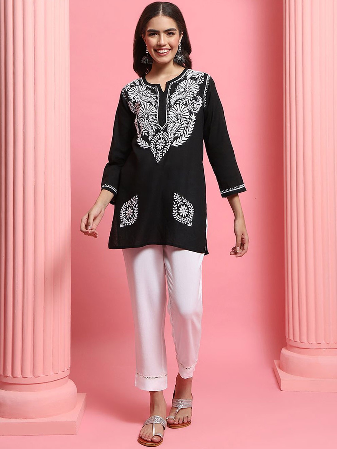 

House of Chikankari Woven Short Kurta, Black
