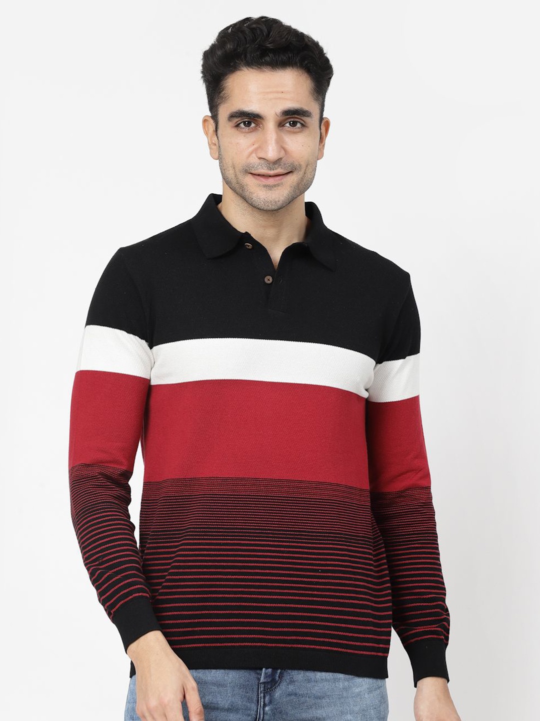 

Kalt Men Striped Polo Collar Applique T-shirt, Red