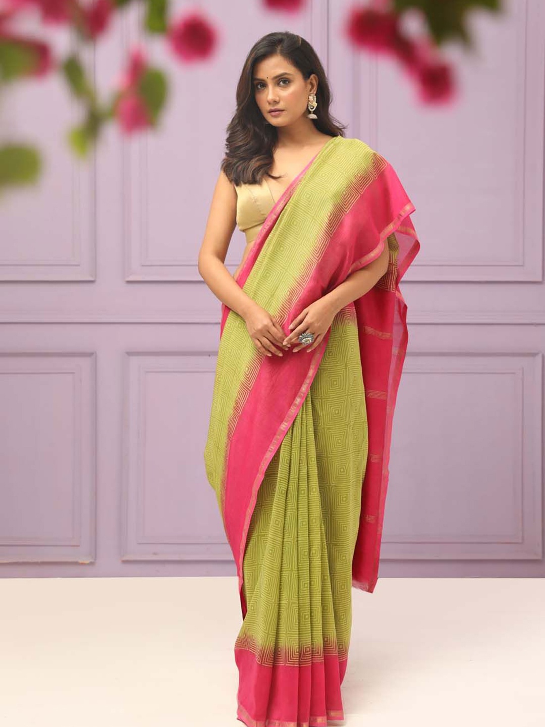 

Indethnic Silk Cotton Bagru Saree, Green
