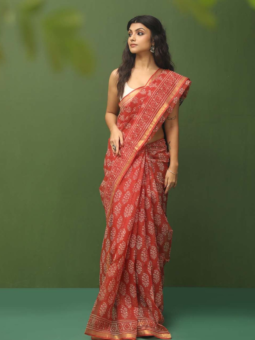 

Indethnic Ethnic Motifs Silk Cotton Bagru Saree, Rust