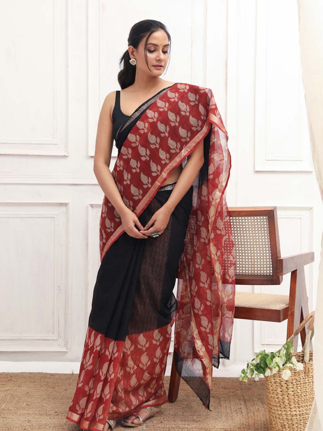 

Indethnic Ethnic Motifs Zari Silk Cotton Bagru Saree, Black