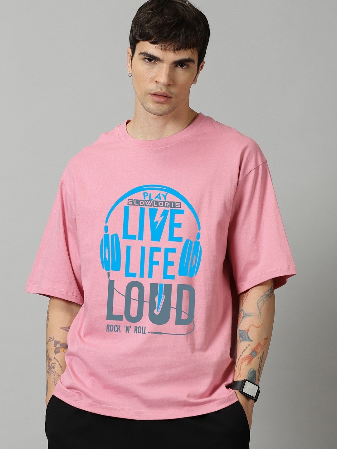 

SLOWLORIS Men Typography Printed Pockets T-shirt, Peach