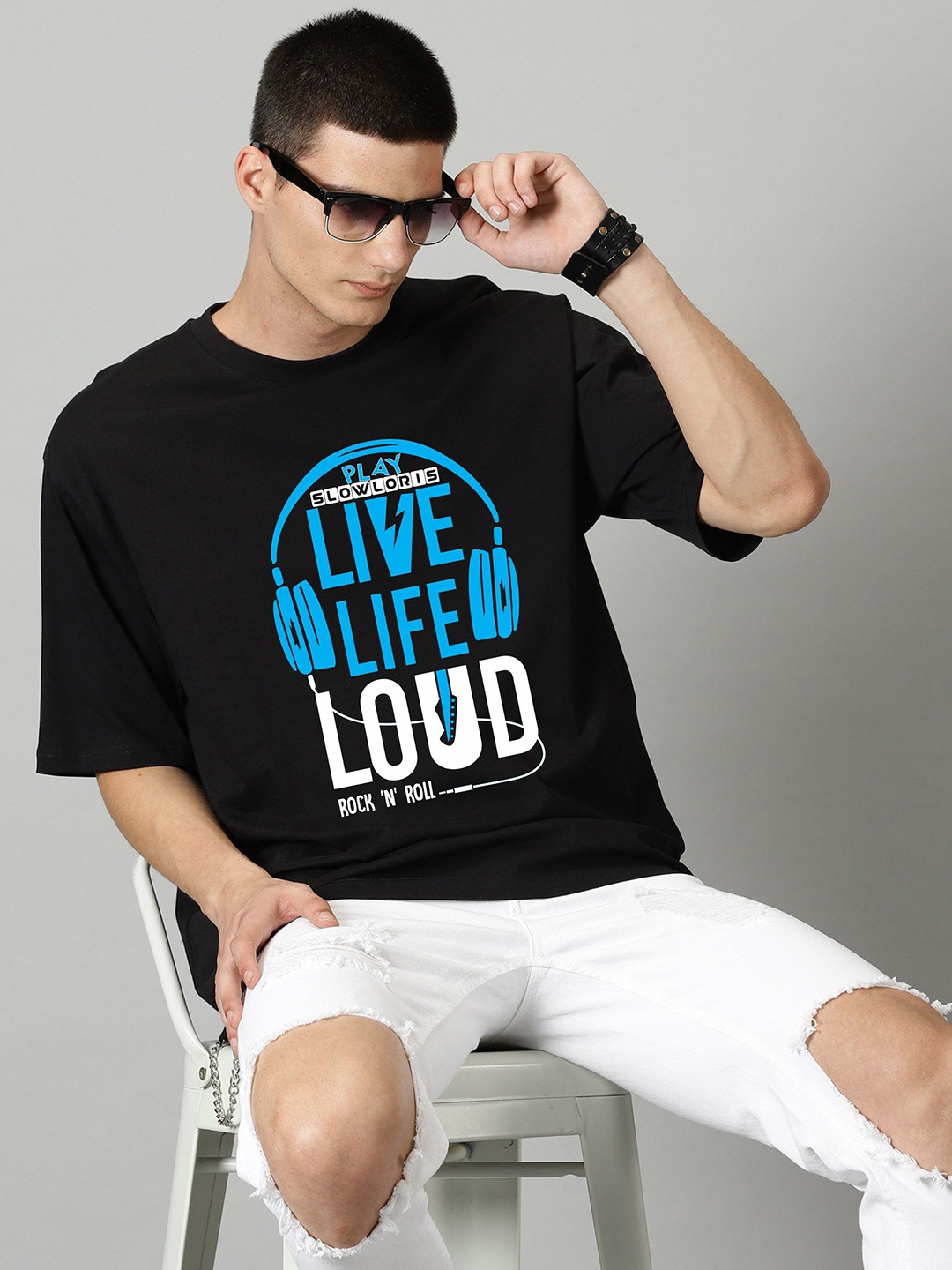 

SLOWLORIS Men Typography Printed Oversized T-shirt, Black