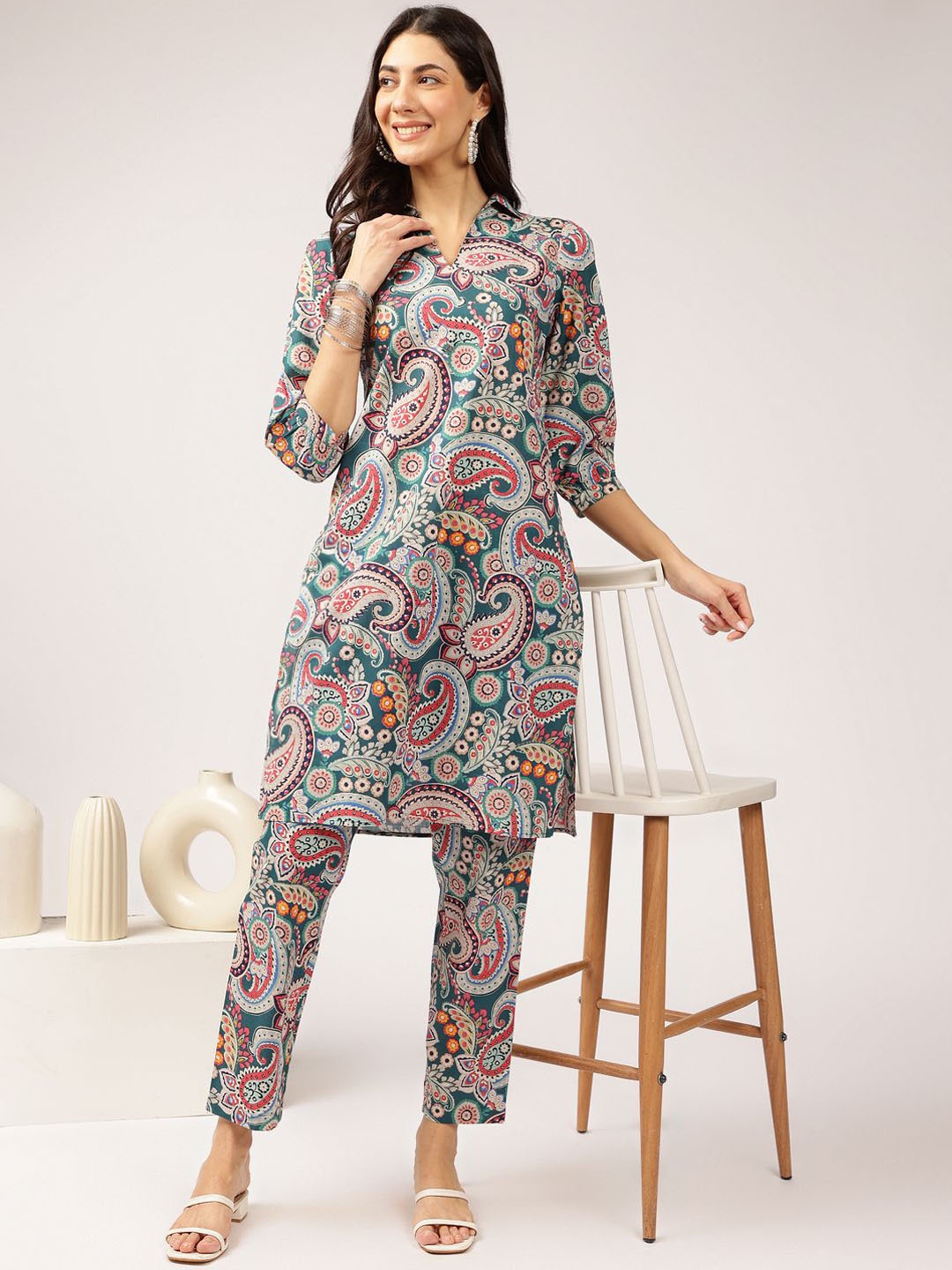

Anouk Grey Ethnic Motifs Printed Shirt Collar Pure Cotton Kurta With Trousers