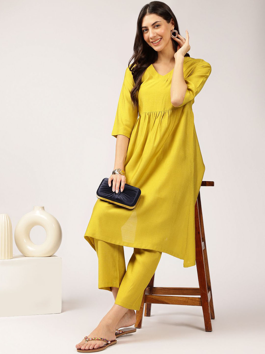 

Anouk Lime Green V-Neck High Slit Straight Kurta With Palazzo