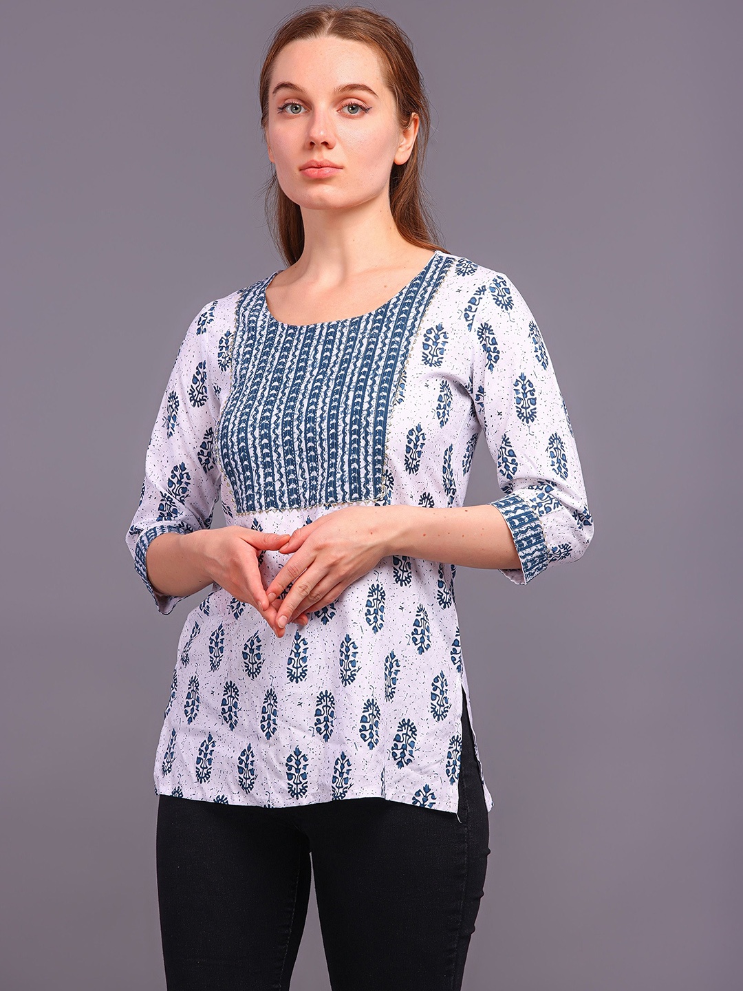 

DKLISHA Ethnic Motifs Printed Round Neck Pure Cotton Straight Short Kurti, Blue