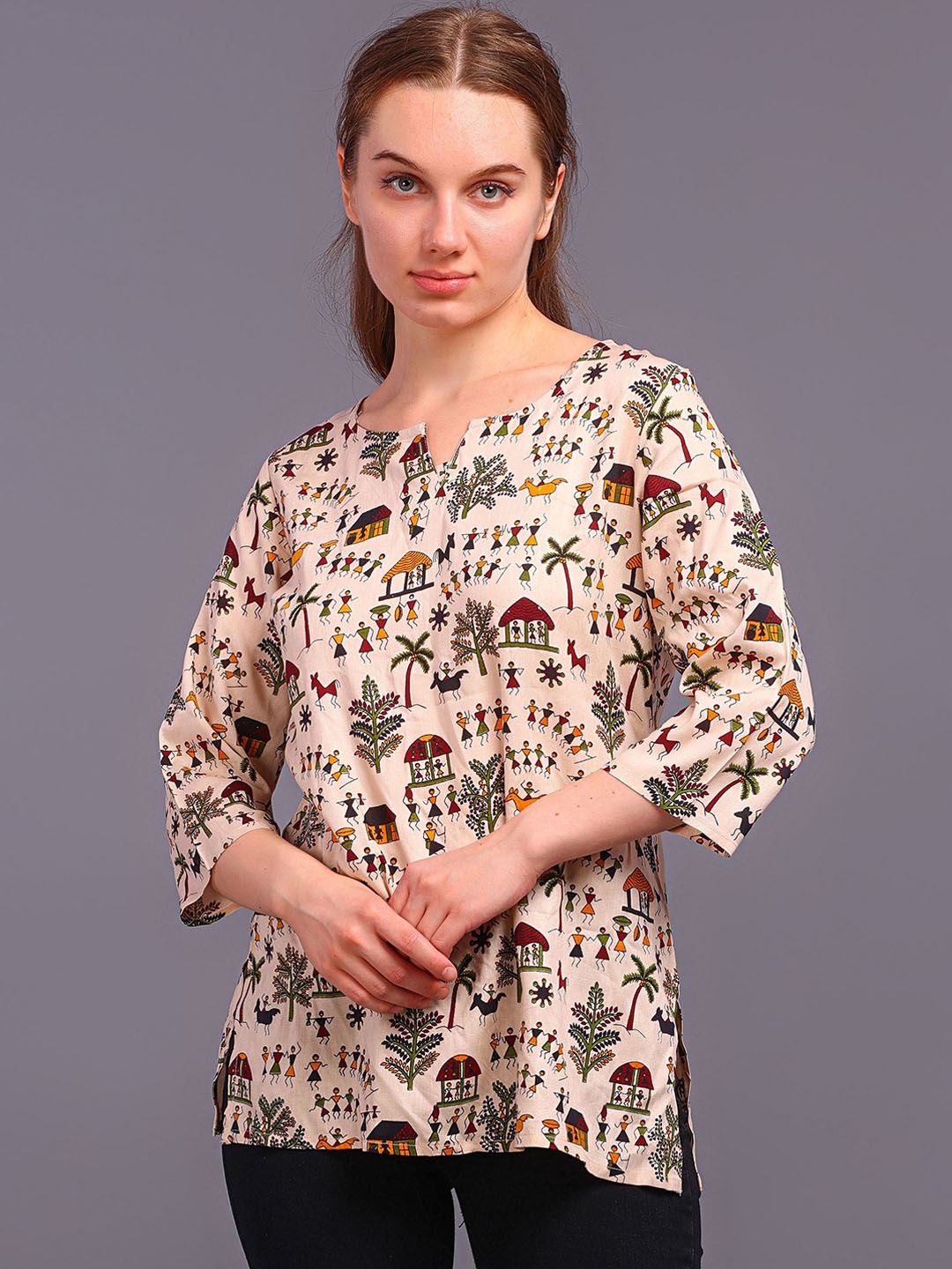 

DKLISHA Warli Printed Notched Neck Pure Cotton Straight Short Kurti, Beige