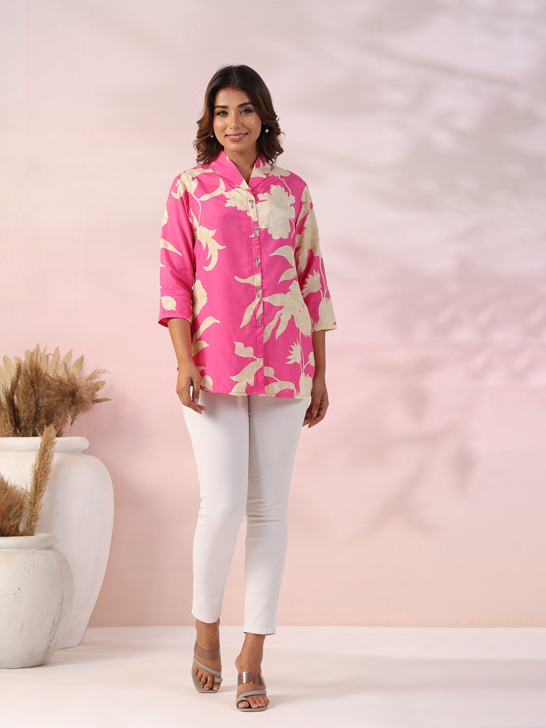 

JISORA Floral Print Pure Silk Shirt Style Top, Pink