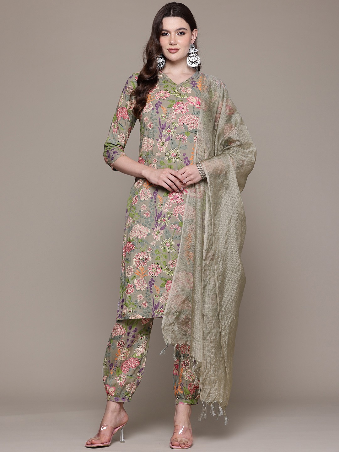 

Readiprint Floral Printed Sequinned Pure Cotton Kurta With Harem Pants & Dupatta, Olive