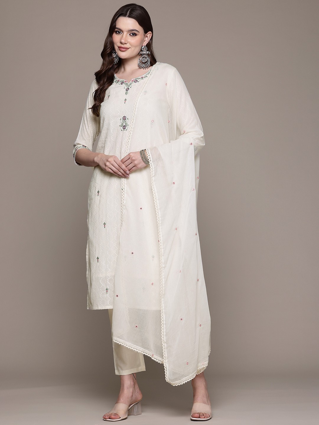 

Readiprint Floral Thread Work Pure Cotton Kurta With Trousers & Dupatta, Off white