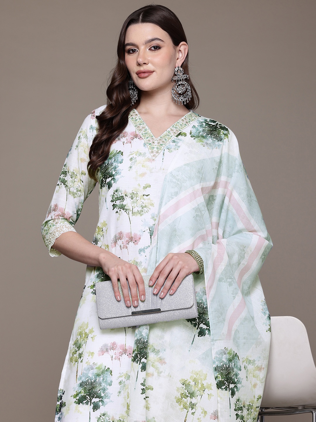 

Readiprint Floral Printed Mirror Work Kurta With Trousers & Dupatta, White