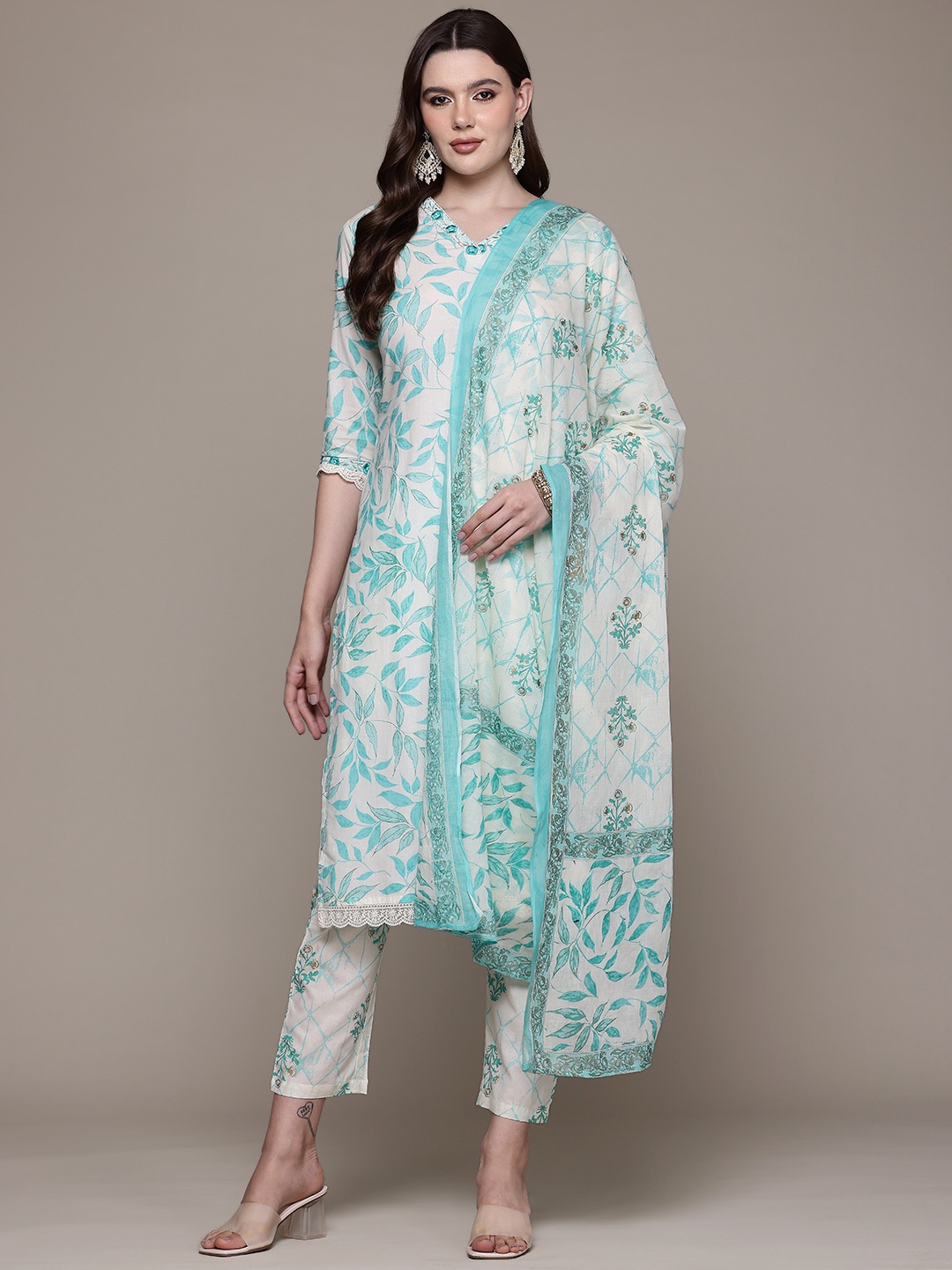 

Readiprint Floral Printed Sequinned Pure Cotton Kurta With Trousers & Dupatta, Turquoise blue