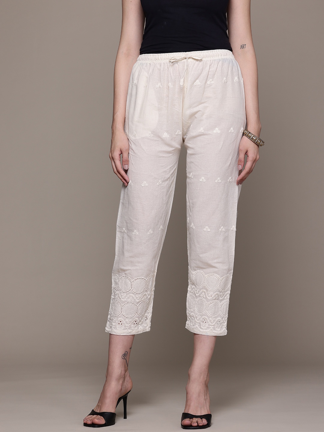 Readiprint Floral Embroidered Ethnic Trousers, Off white