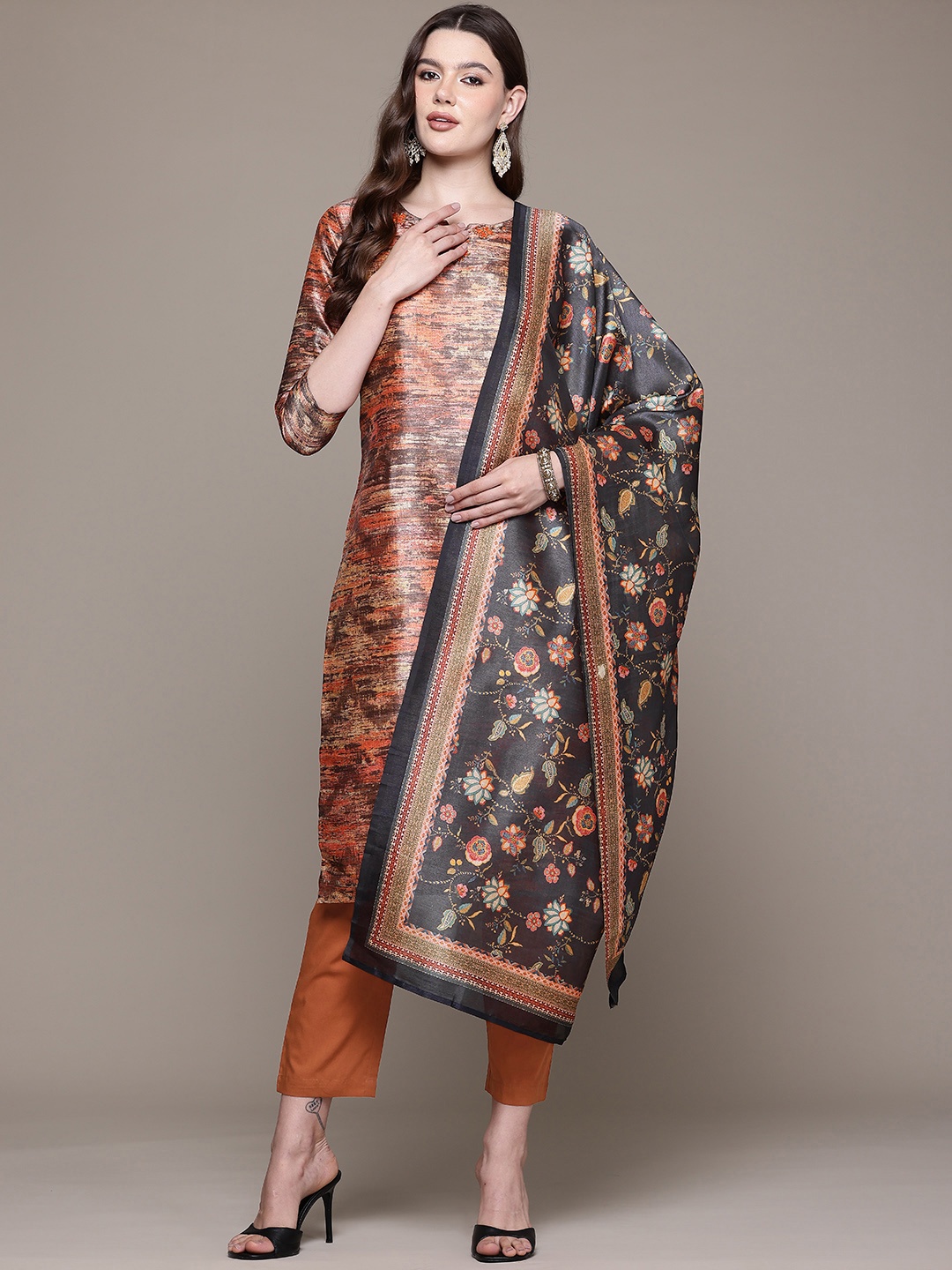 

Readiprint Printed Beads & Stones Kurta With Trousers & Dupatta, Brown