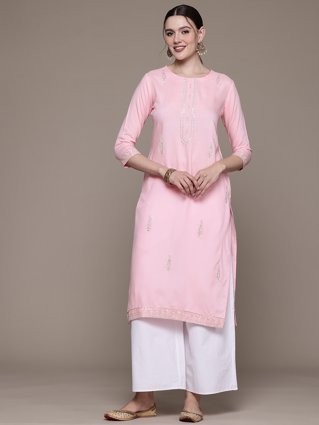 

Readiprint Fashions Women Floral Embroidered Sequinned Kurta, Pink