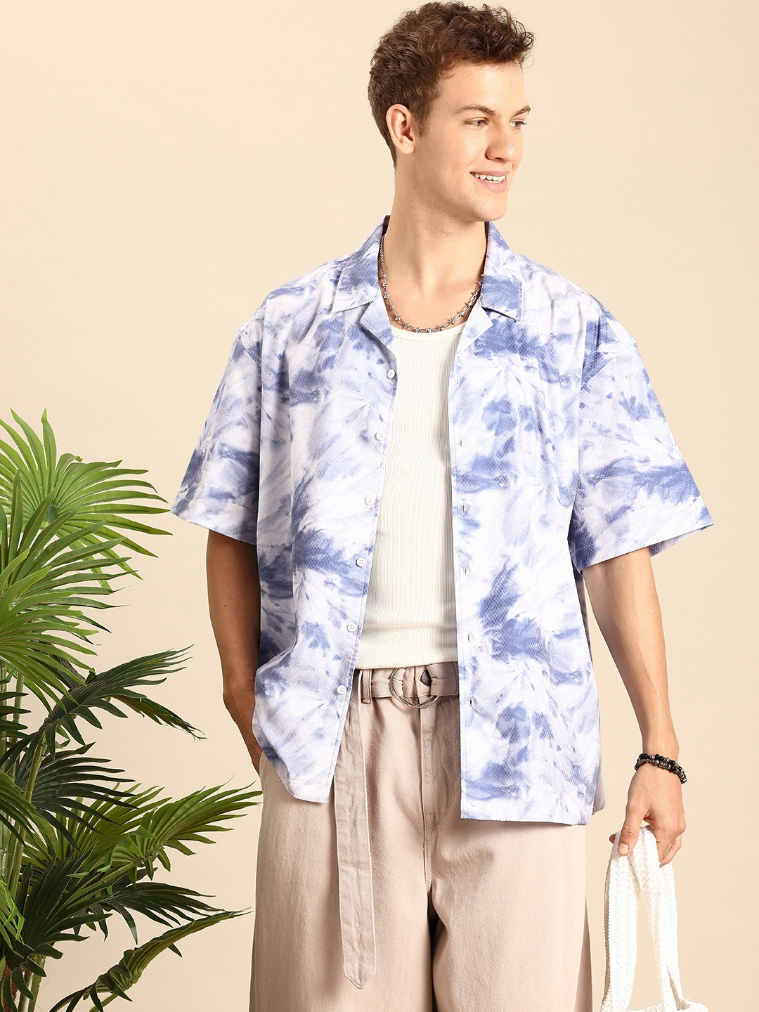 

Mast & Harbour Abstract Printed Drop-Shoulder Sleeves Oversized Casual Shirt, Blue
