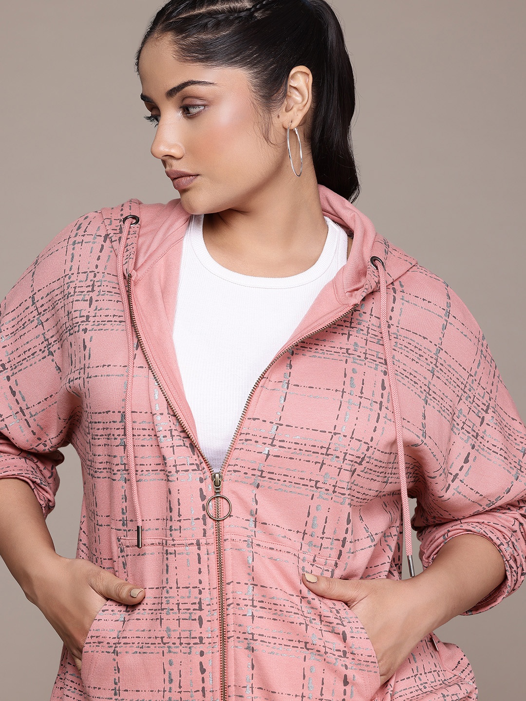 

The Roadster Lifestyle Co. Plus-Size Checked Hooded Sweatshirt, Pink