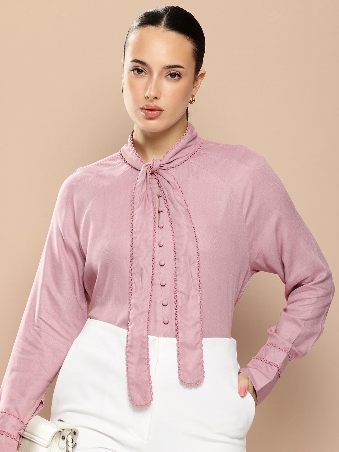 

her by invictus Cuffed Sleeves Tie-Up Neck Regular Top, Mauve