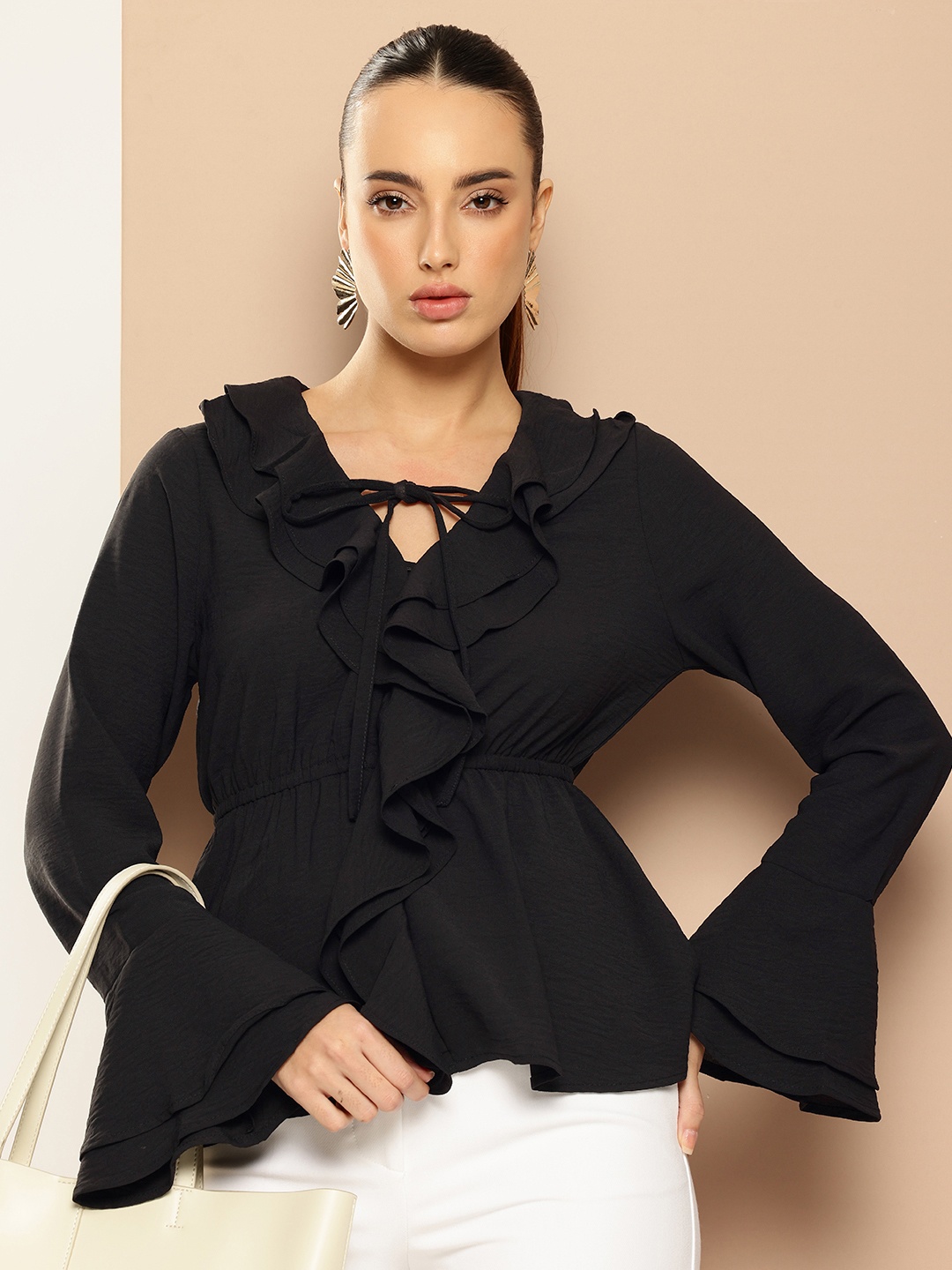 

her by invictus V-Neck Bell Sleeve Ruffles A-Line Top, Black