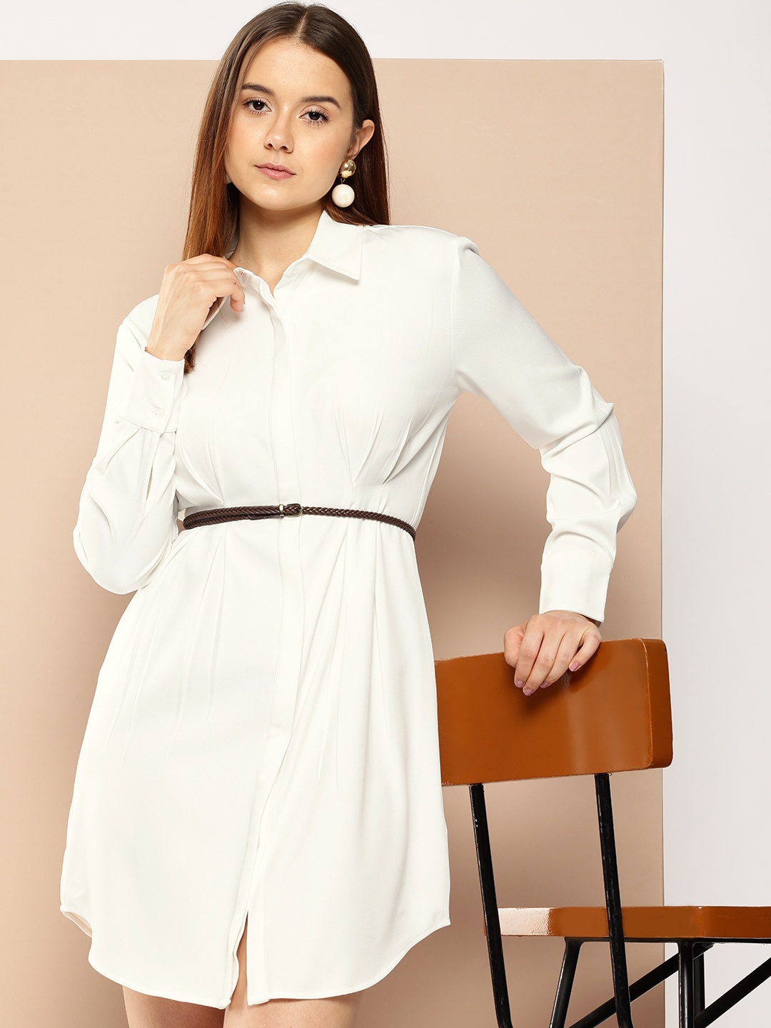 

her by invictus Long Sleeve Pleated Shirt Dress, Off white