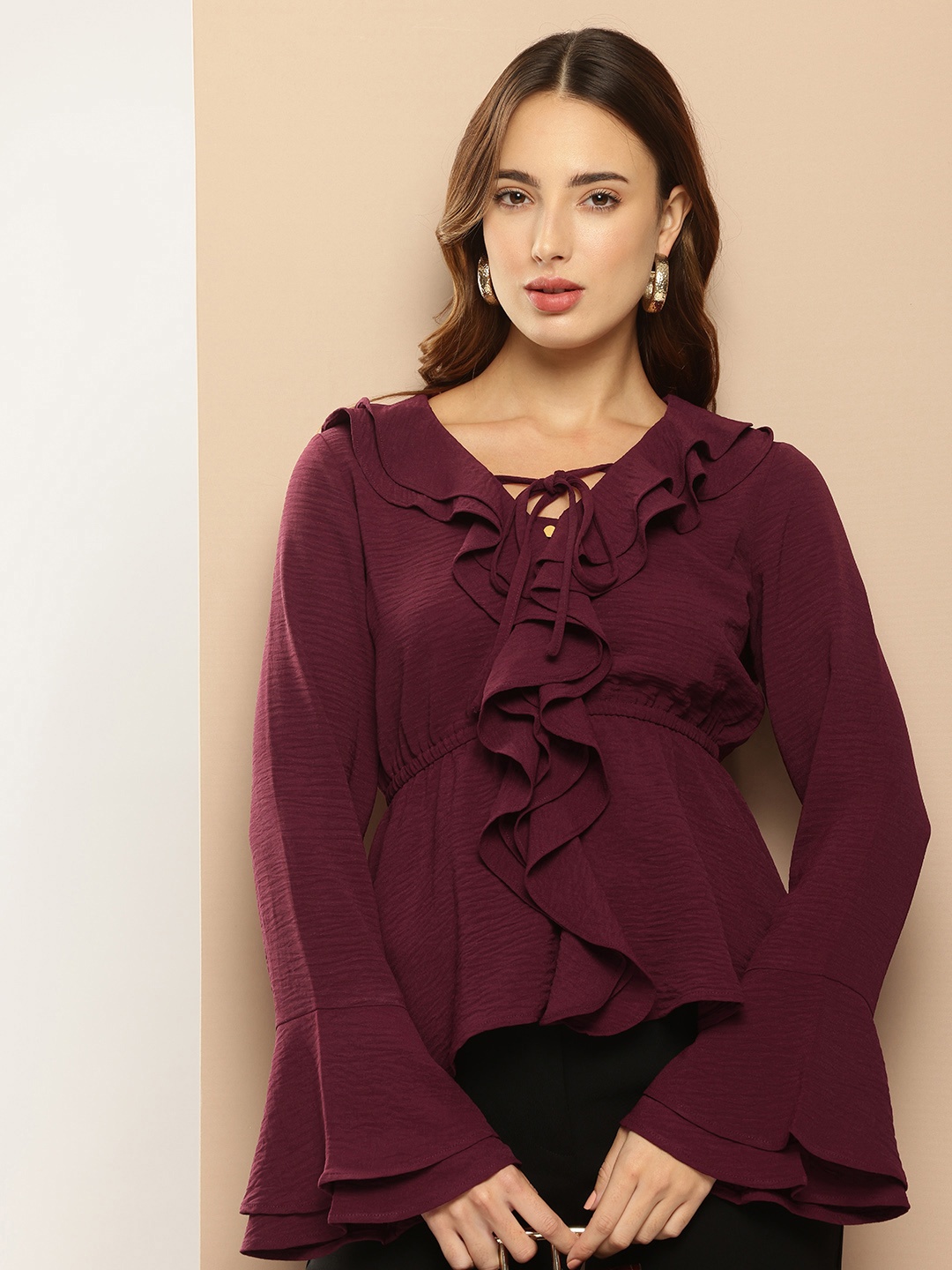 

her by invictus V-Neck Bell Sleeves Ruffles Tie-Up Details Peplum Top, Burgundy