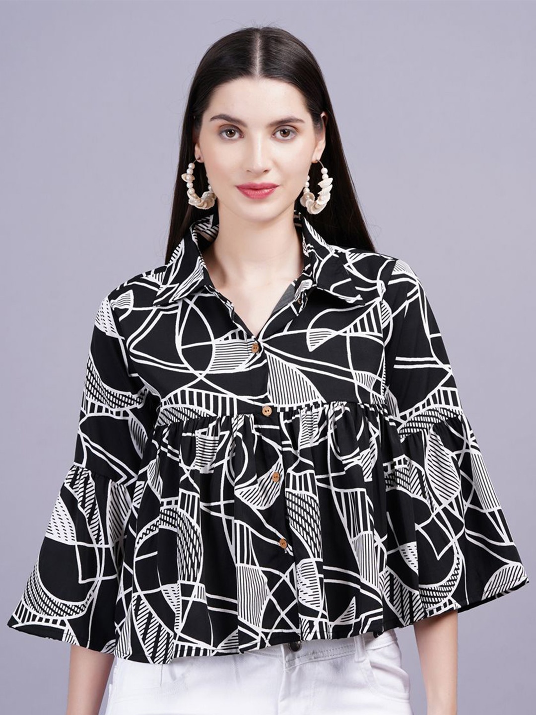 

KALINI Geometric Print Flared Sleeve Women Top, Black