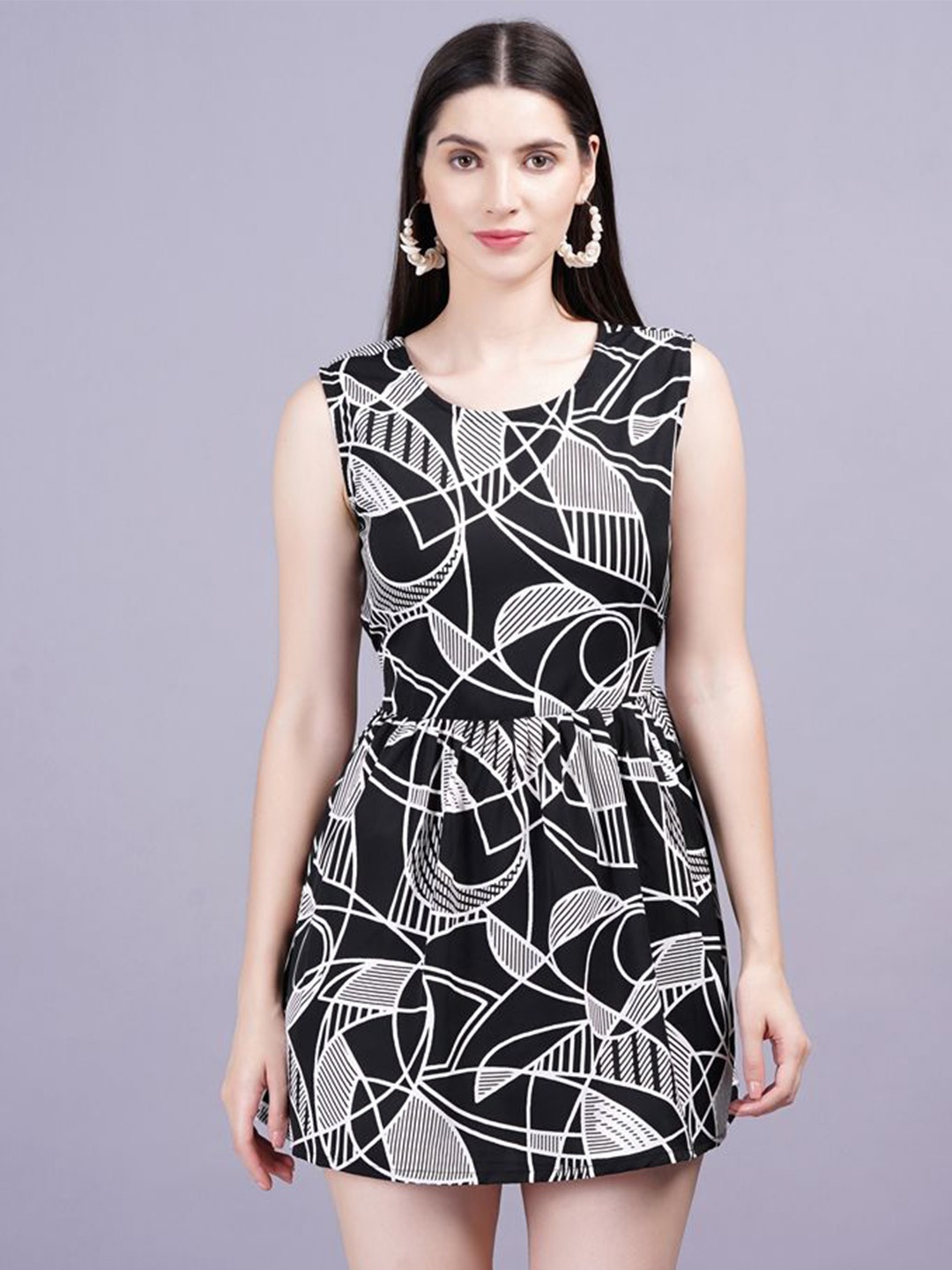 

KALINI Geometric Print Rayon round Neck Women Top, Black