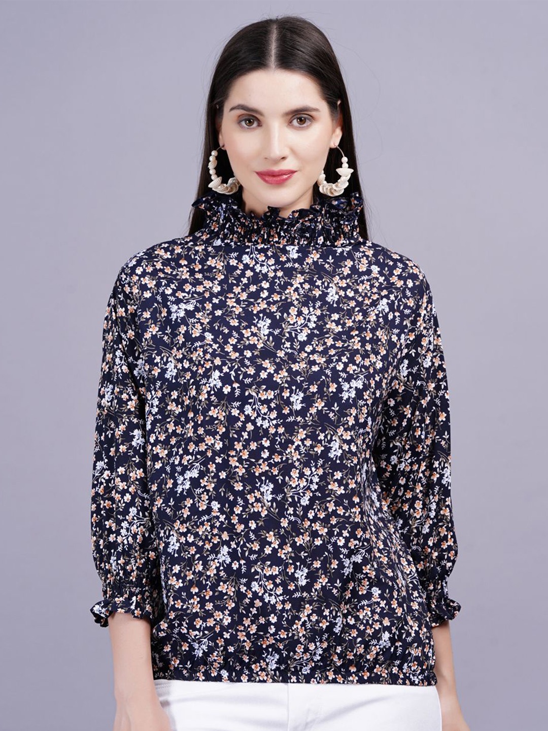 

KALINI Floral Print High Neck Cuffed Sleeves Women Top, Navy blue