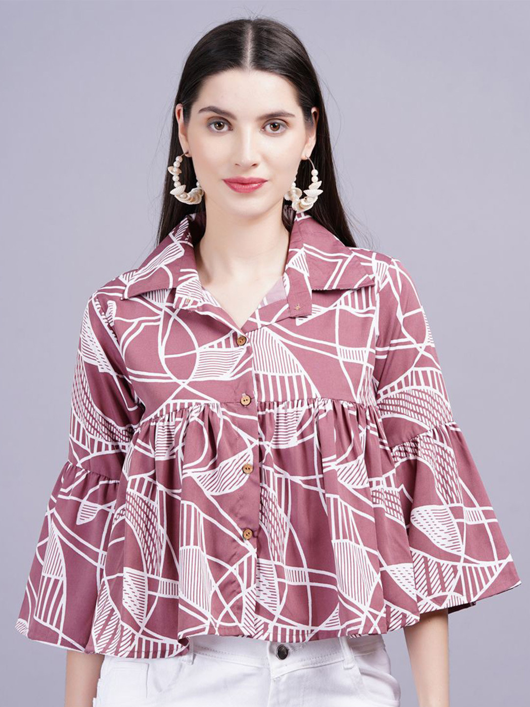 

KALINI Geometric Print Shirt Style Flared Sleeves Women Top, Purple