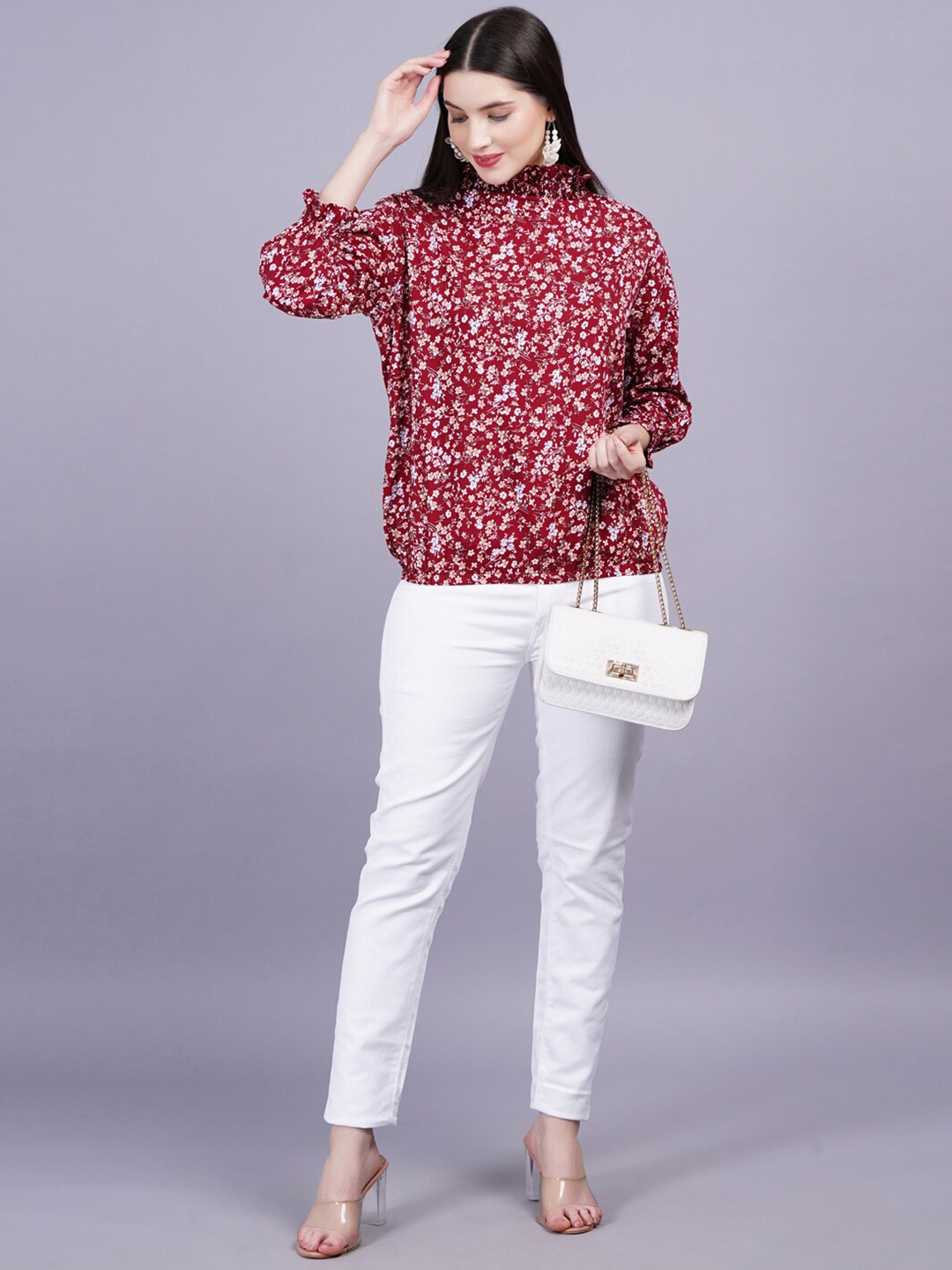 

KALINI Floral Print Rayon High Neck Cuffed Sleeves Regular Women Top, Maroon