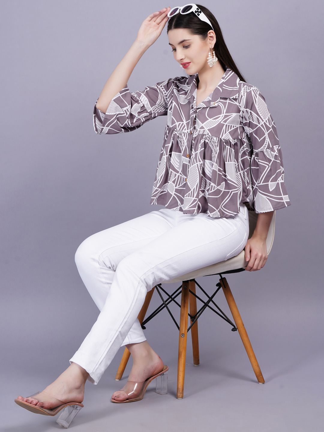 

KALINI Top Geometric Print Shirt Style Flared Sleeves Women Top, Grey