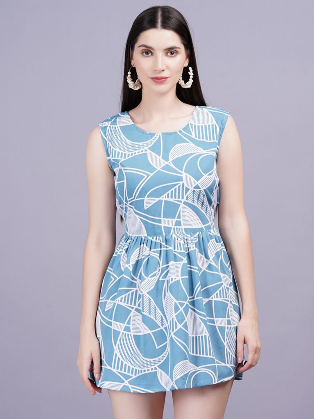 

JC4U Geometric Print Rayon round Neck Women Top, Blue