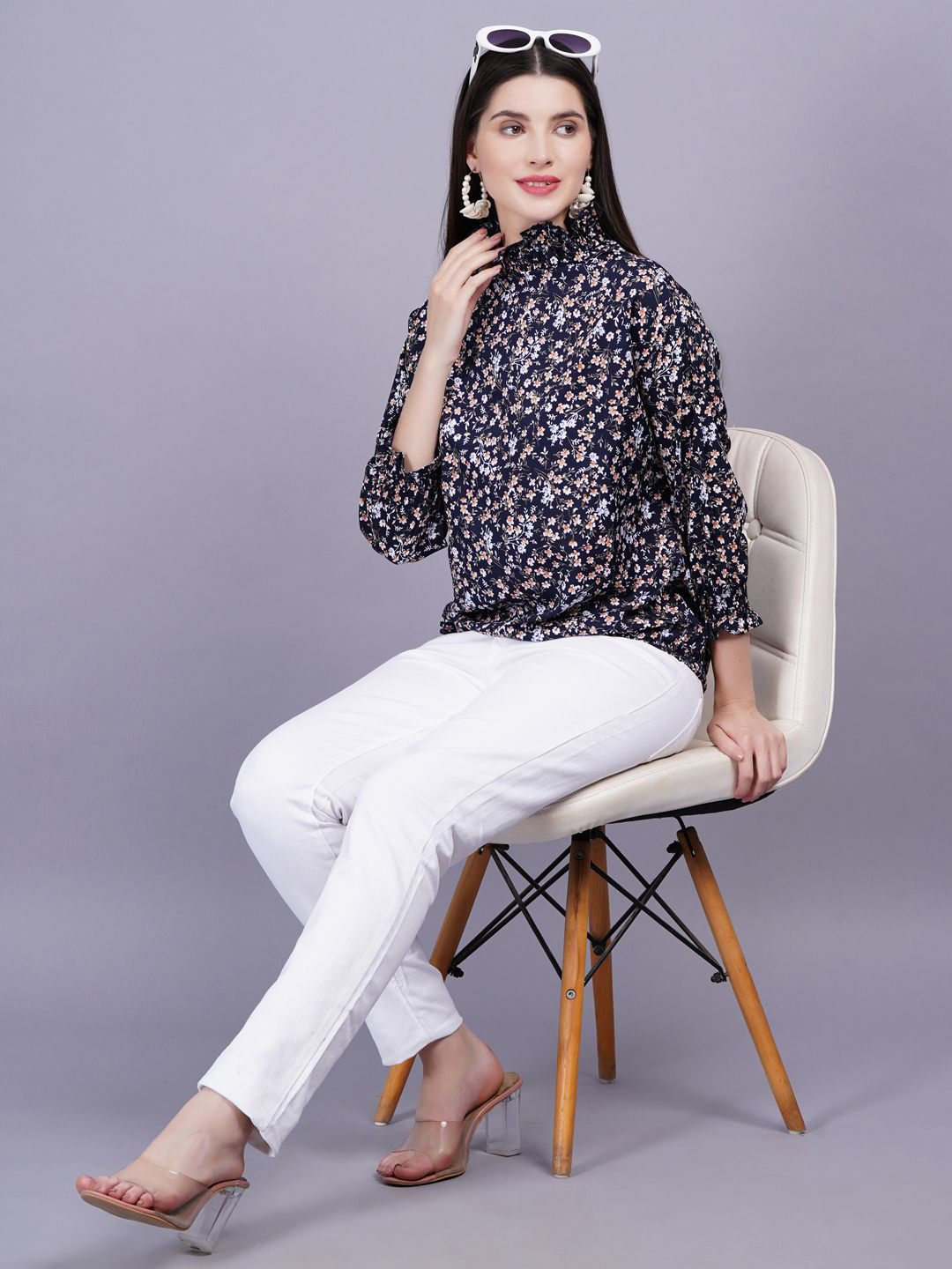 

JC4U Animal Print Puff Sleeve Blouson Top, Navy blue