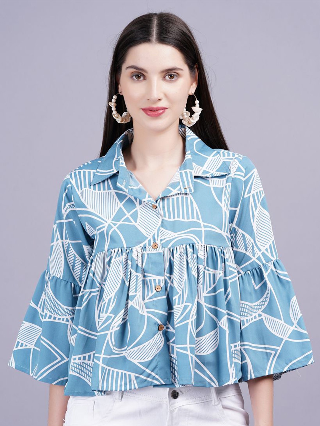 

JC4U Geometric Printed Shirt Style Women Top, Blue