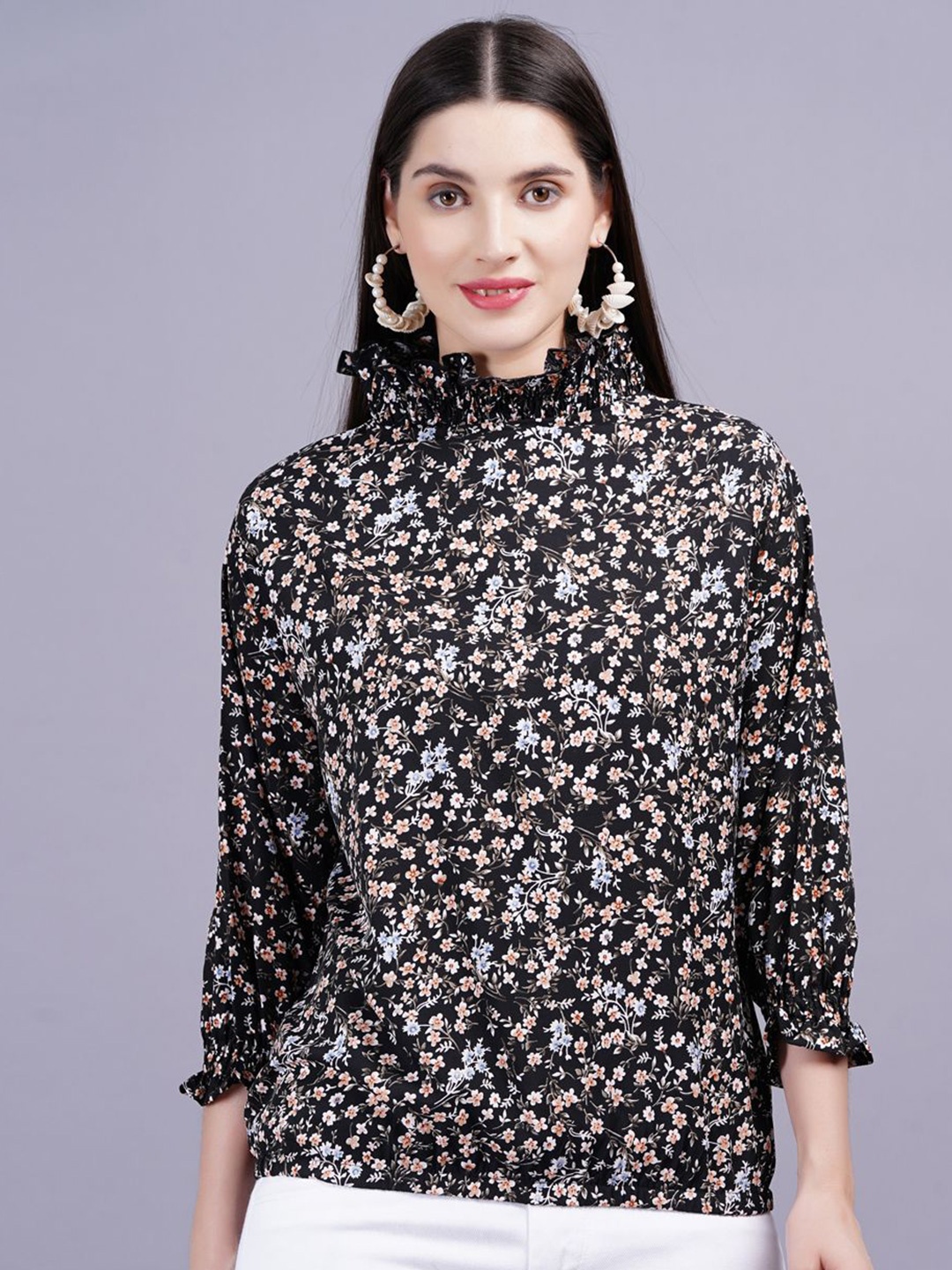 

JC4U Floral Printed Rayon High Neck Cuffed Sleeves Regular Women Top, Black
